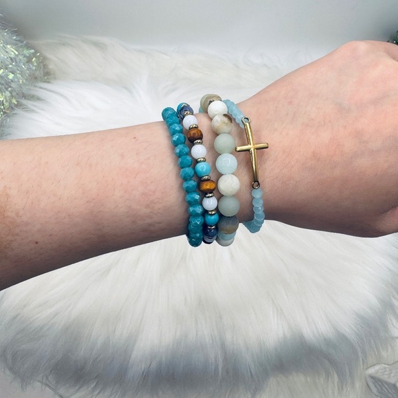 Stainless Steel Cross beaded Arm Candy  Bracelet -  Blue theme - Picture 1 of 7